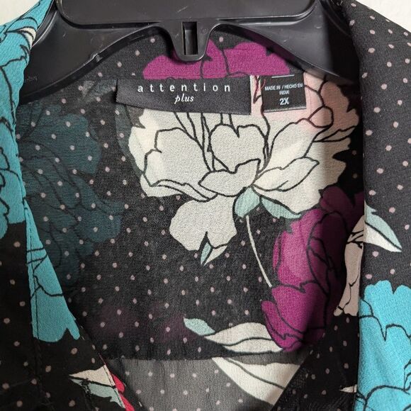 Attention Sheer Black Floral Polka Dot Pink Teal Blue Blouse Top 2X - Picture 3 of 5